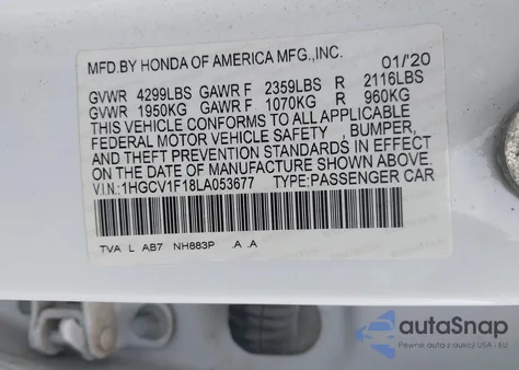 2020 Honda Accord Lx z USA, uszkodzony, nr VIN 1HGCV1F18LA053677